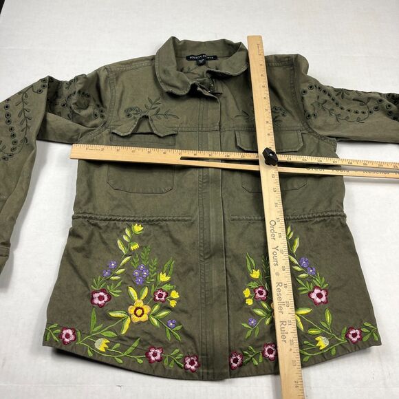 Boston Proper Zip Jacket Military Floral Embroidered Utility Green Festival XS - Picture 5 of 10